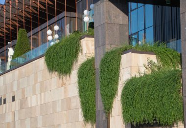 Çağdaş yeşil süs bitkileri ve doğal taş duvarları olan modern bina cephesi.
