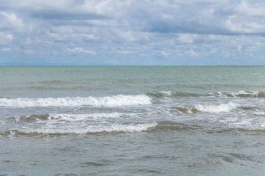 Dengesiz Bulutların Altında Sörf yapan Martılar Serene Kıyı Dalgaları.