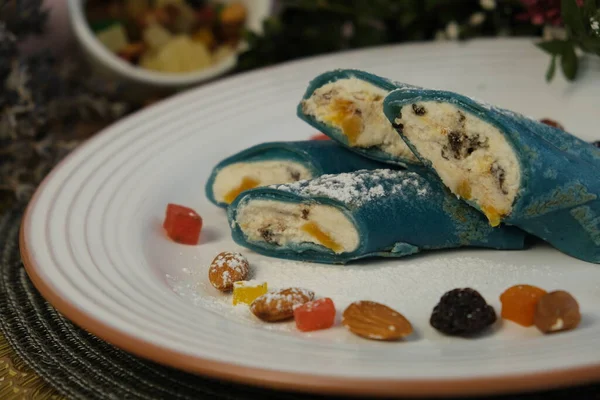 Festive Bright Dessert Colored Fried Pancakes White Plate Turquoise Blue — Stock Photo, Image