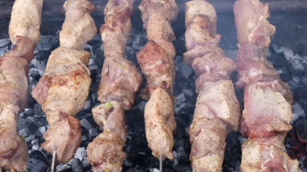 Homme Rôtit Viande Dans Feu Oignon Barbecue Griller Cou Porc — Video