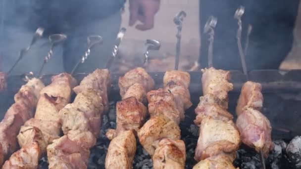 Ein Mann Grillt Fleisch Auf Einem Feuer Zwiebeln Und Grill — Stockvideo