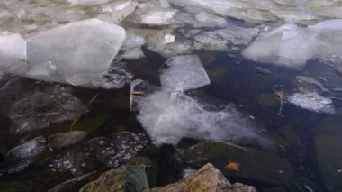 blocks of ice near the river bank. Ice drift of ice floes on rivers and lakes under the influence of current or wind. Accumulation of melt water between the bank and the edge of the ice on the river
