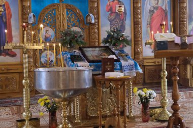 January 7, 2023 Ukraine. Dnipro Ukrainian Orthodox Church. Interior decoration and candles for health.Baptism in the church and service. Religion