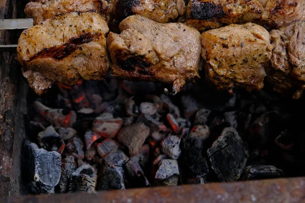 Cooking Meat Charcoal Grill Fried Fatty Food Fire Delicious Calorie Imagen De Stock