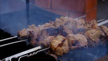 Cooking meat on a charcoal grill. Fried fatty food on a fire. Delicious calorie non vegetarian food. street food kebab