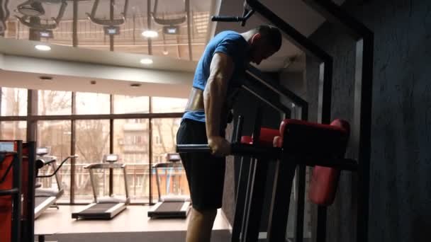 Doing Sports Gym Pulling Bar Man Pulls His Hands Workout — 图库视频影像