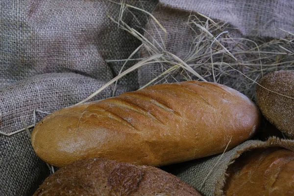 店内のパン屋さんのパンが大好き パンとペストリーとわら 様々な愛 バゲット ライ麦 ブラン グルテンフリー お菓子に小麦 自家製パン屋 — ストック写真