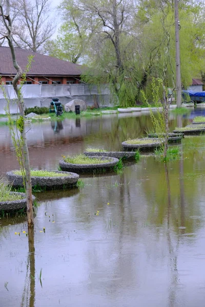 乌克兰城市被洪水淹没 水库或地下水水位上升 这家商店被水包围 花坛和小径被水淹没 洪水泛滥的危险 经济破坏和灾难性后果 — 图库照片