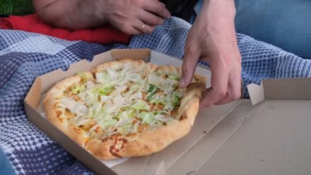 凯撒调味比萨饼野餐外卖食物快餐 高热量的高脂肪食物 — 图库视频影像