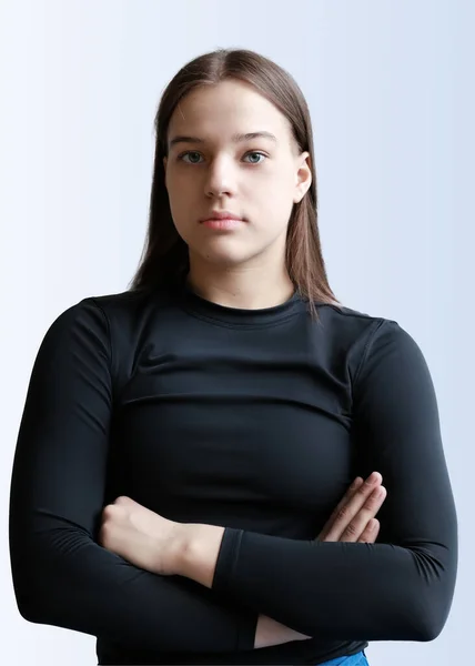 Judo Flicka Med Brunt Bälte Judoka Tonåring Fighter Poserar Blå — Stockfoto