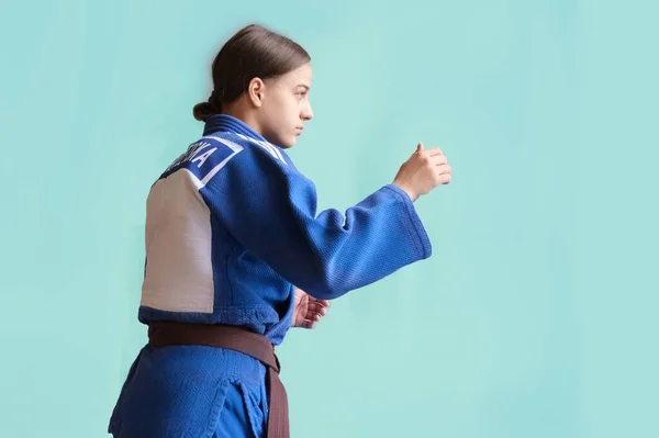 Judo Girl Brown Belt Judoka Teenager Fighter Poses Blue Kimono — Stock Photo, Image
