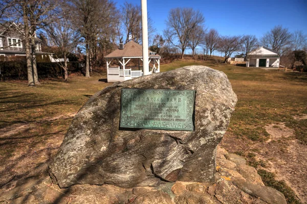 stock image Chatham, Cape Cod, Massachusetts - March 5, 2023: Gazebo and American flag at the Kate Gould Park on a sunny day in winter