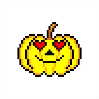 Pikselde Pumkins 'le duygusal ya da emoji. Beyaz arkaplanda izole edilmiş vektör çizimleri.