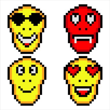 Emoji ya da pikseldeki yüz simgesi. Vektör illüstrasyonu.