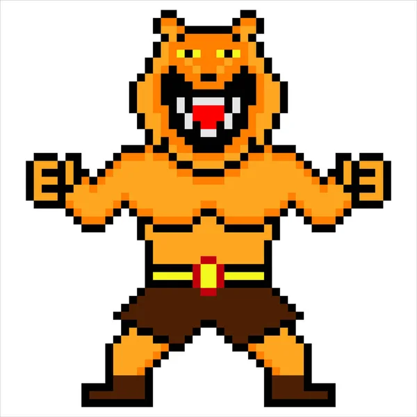 Tiger Cartoon Fighter Krieger Mit Pixelkunst Vektorillustration — Stockvektor