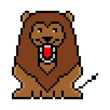 Arkaplanda izole edilmiş aslan pikseli sanatı. Vektör illüstrasyonu.