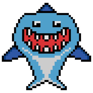 Şirin köpekbalığı karakteri pikseli resim. Vektör illüstrasyonu.