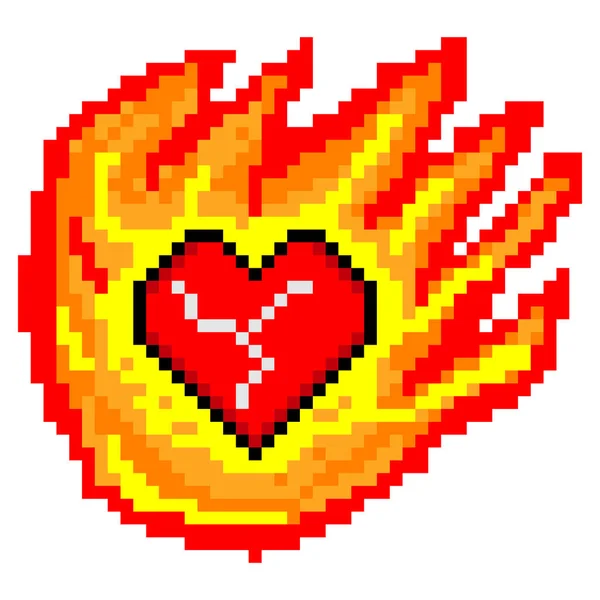 Fuego Ardiente Símbolo Del Corazón Con Pixel Art — Vector de stock