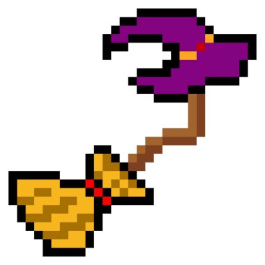 Piksel sanat tarzında sihirli süpürge cadı şapkası.