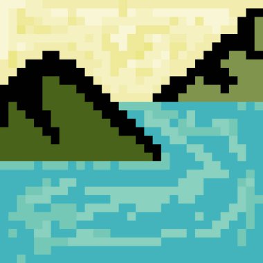 Piksel sanat tarzında dağ ve deniz manzarası
