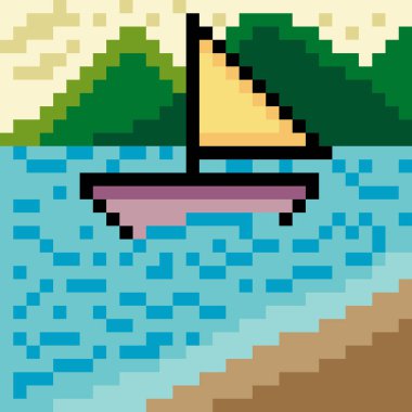 Deniz manzarası ve yelkenli dağların pikseli.