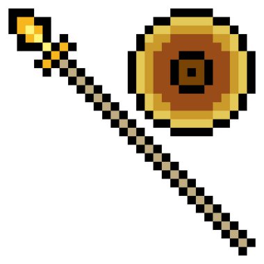 Beyaz arkaplanda piksel sanatında kalkan ve mızrak izole edildi