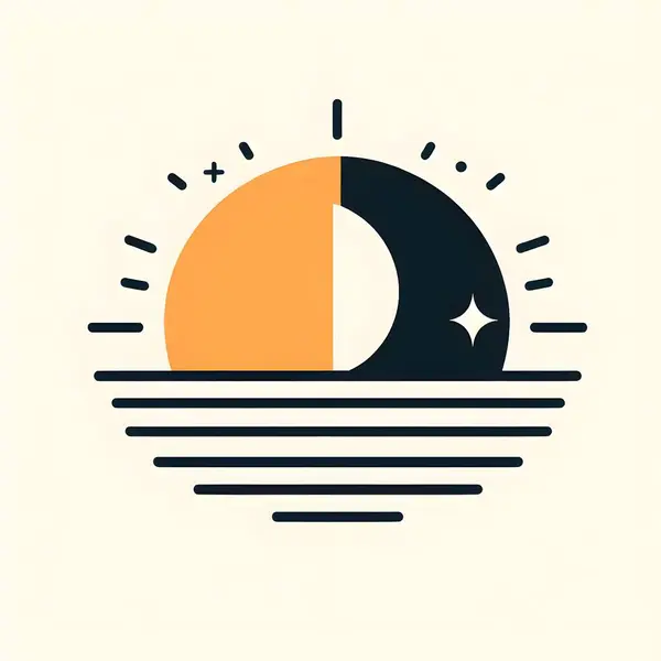 This image features an abstract, stylized representation of a seascape divided into day and night themes within a circular frame, complete with stars, moon, and sun.