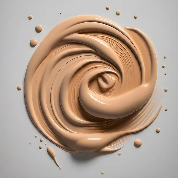 Different shades of liquid foundation makeup are swiped across a clean, neutral background, showcasing the variety of colors available.