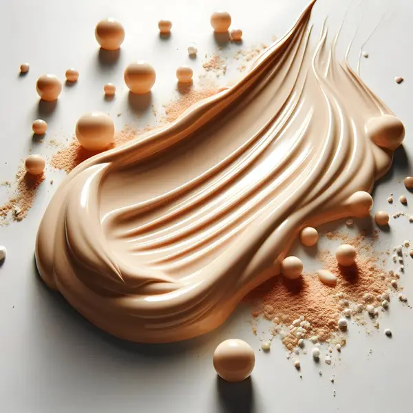 Different shades of liquid foundation makeup are swiped across a clean, neutral background, showcasing the variety of colors available.