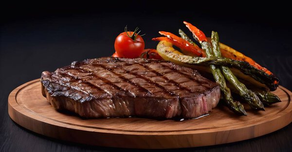 Filet mignon steaks with perfect grill marks are presented on a wooden cutting board, accompanied by asparagus, and carrots, showcasing a well-prepared.