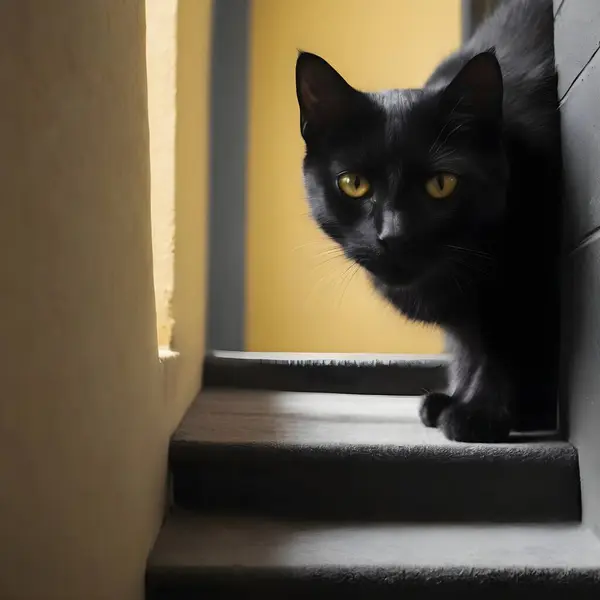 Gato Preto Elegante Com Olhos Amarelos Intensos Senta Perto Fundo — Fotografia de Stock