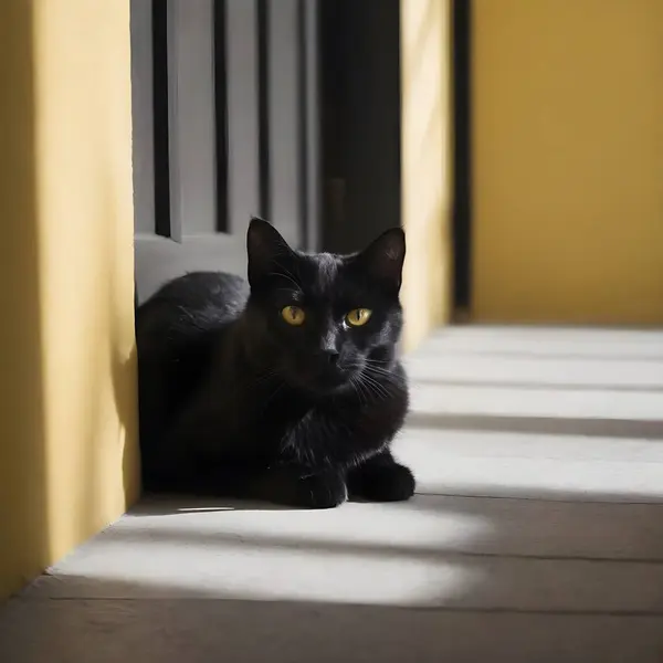 Gato Negro Elegante Con Ojos Amarillos Intensos Sienta Sentado Cerca — Foto de Stock