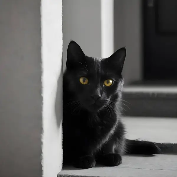 Een Slanke Zwarte Kat Met Intens Gele Ogen Zit Klaar — Stockfoto