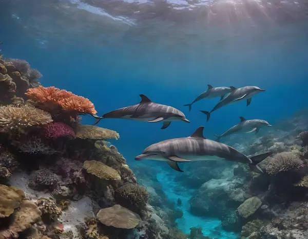 Bir grup yunus okyanusların yüzeyinde sakin bir şekilde yüzüyor, zarif şekilleri suyu zarif bir kolaylıkla kesiyor. Deniz canlılarıyla dolu renkli bir mercan resifinin üzerinden geçerler.