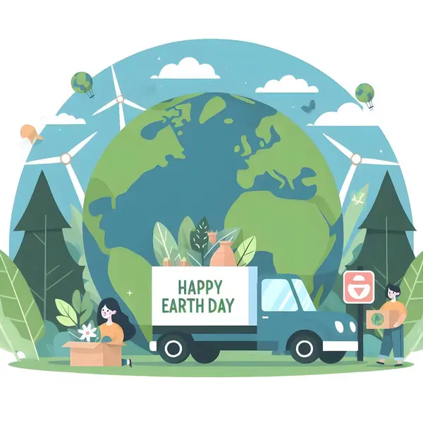 Vector flat illustration for happy earth day celebration with Earth planet, green trees, people, nature, hands, green energy, sun day