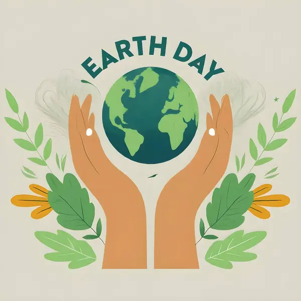 Vector flat illustration for happy earth day celebration with Earth planet, green trees, people, nature, hands, green energy, sun day