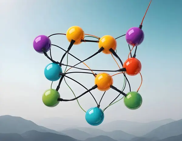 stock image A three-dimensional representation of a molecular structure featuring interconnected spheres in a variety of bold colors such as orange, blue, green, red, and purple, linked by lines to denote bonds
