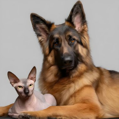Birlikte kameraya bakan mutlu kedi ve köpeğin portresi şeffaf arka planda izole edilmiş, köpekle kedi arasındaki arkadaşlık, evcil hayvanların inanılmaz arkadaşlığı..