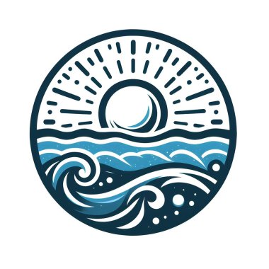 Güneşin okyanus dalgalarının üzerinde oturduğu dairesel bir çerçeve içinde parlak ışık huzmeleri yaydığı günbatımının bir temsili. Logotype, en iyi logo