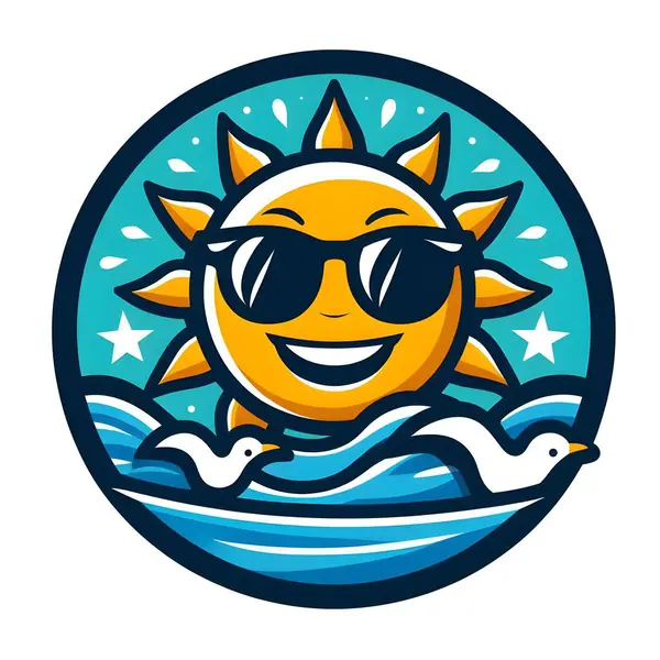 Güneşin okyanus dalgalarının üzerinde oturduğu dairesel bir çerçeve içinde parlak ışık huzmeleri yaydığı günbatımının bir temsili. Logotype, en iyi logo
