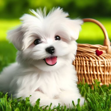 Yumuşak paltolu şirin beyaz bir Maltolu köpek yavrusu içeride mutlu bir şekilde oturur dili açık, neşeli ve neşeli doğasını gözler önüne serer.