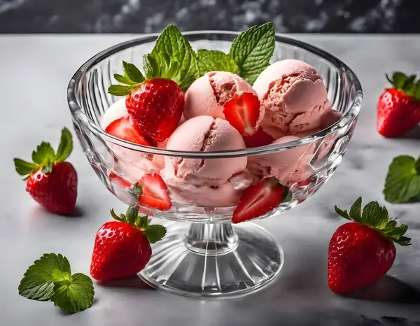 stock image A glass bowl filled with white and strawberry ice cream, garnished with a sprig of fresh mint and two sliced strawberries. The bowl is placed on a dark background.