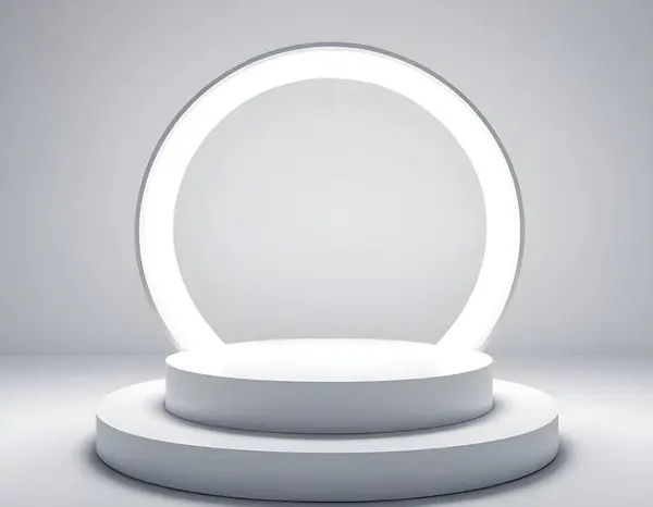 stock image This image shows a white circular platform with an illuminated arch, rendered in a 3D environment. The platform is situated in the center of a white background, creating a clean and modern look.