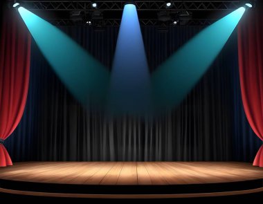 Koyu kırmızı ve mavi perdeli bir sahne parlak spot ışıklarıyla aydınlatılır. Sahne boş ve ortasında dairesel bir platform var. Seyirciler sahnenin önünde sıraya dizildi..