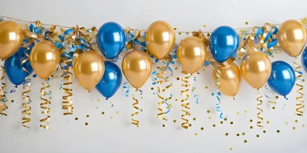 stock image A vibrant arrangement of blue and gold balloons is set against a light background, accompanied by scattered confetti, creating a festive atmosphere ideal for celebrations.