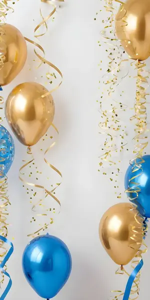 stock image A vibrant arrangement of blue and gold balloons is set against a light background, accompanied by scattered confetti, creating a festive atmosphere ideal for celebrations.