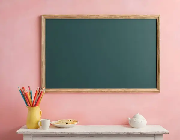 stock image A simple, wooden-framed chalkboard rests on a rustic table, with a warm, textured brown wall behind it. A few sticky notes are attached to the board.