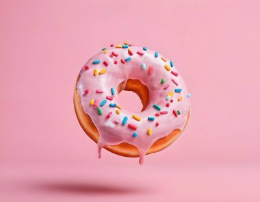 Yaratıcı yemek şablonu. Pastel arka planına renkli şekerlemeler serpiştirerek uçan pembe şekerli donut. metin alanını kopyala