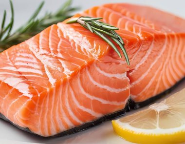 A freshly cut salmon fillet sits on a wooden cutting board, accented with sprigs of rosemary and slices of lemon, highlighting its natural colors and textures.