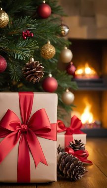 Kırmızı kurdelelerle süslenmiş paketli hediyeler mum ve çam kozalaklarının yanına konur. Hepsi de güzel dekore edilmiş bir Noel ağacının yanındaki sıcak bir tatil atmosferine yerleştirilir. Pankart, duvar kağıdı, kartpostal